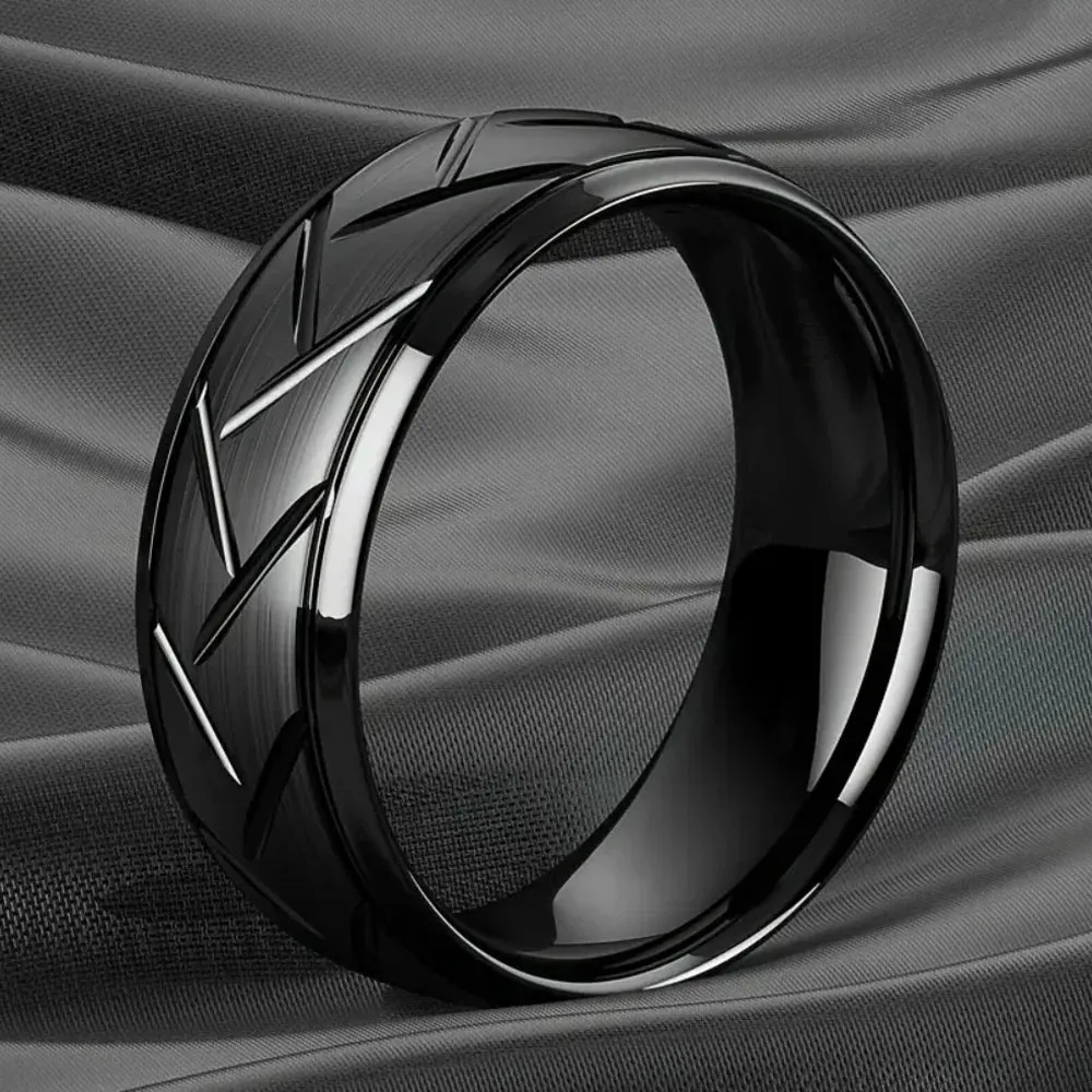 1pc Fashion Men’s Black Stainless Steel Ring Groove Multi-Faceted Ring For Men Women Engagement Ring Anniversary Gifts