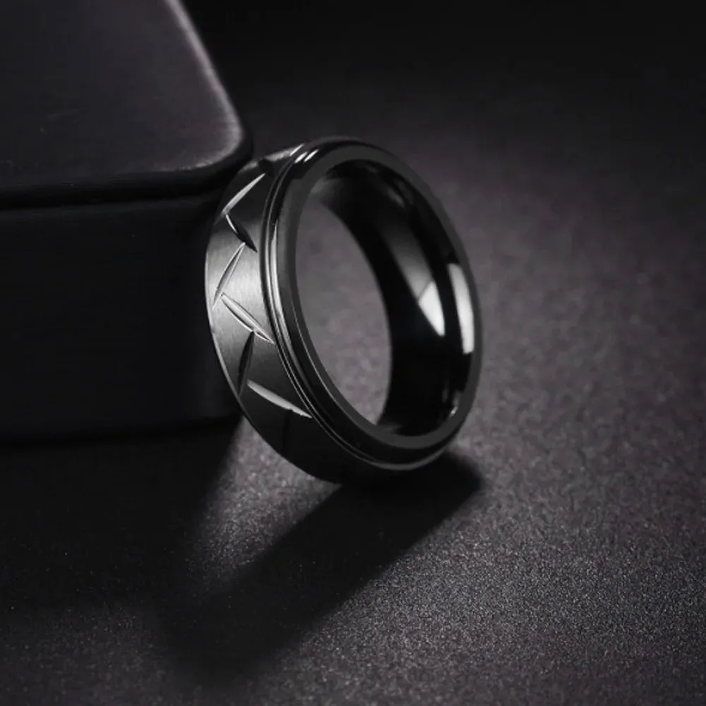 1pc Fashion Men’s Black Stainless Steel Ring Groove Multi-Faceted Ring For Men Women Engagement Ring Anniversary Gifts