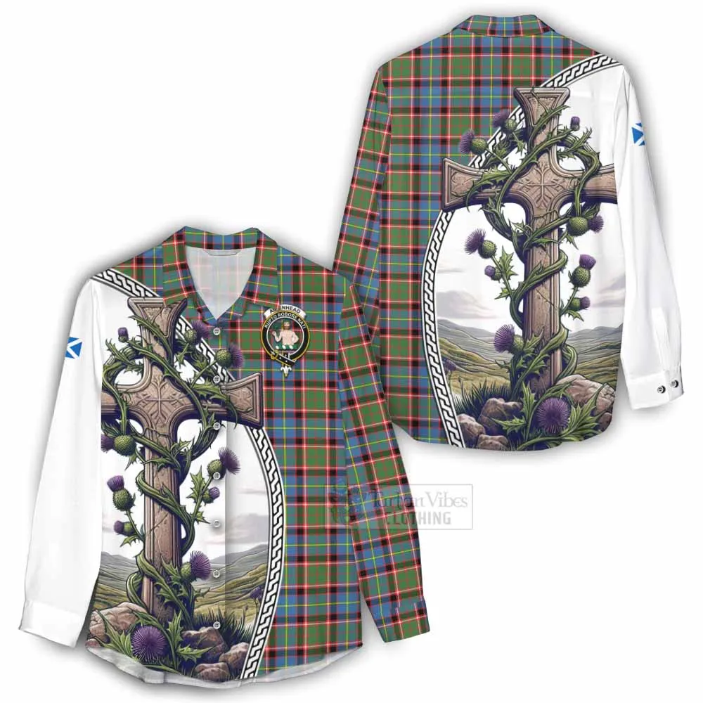 Aikenhead Tartan Women's Casual Shirt with Family Crest and St. Andrew's Cross Accented by Thistle Vines