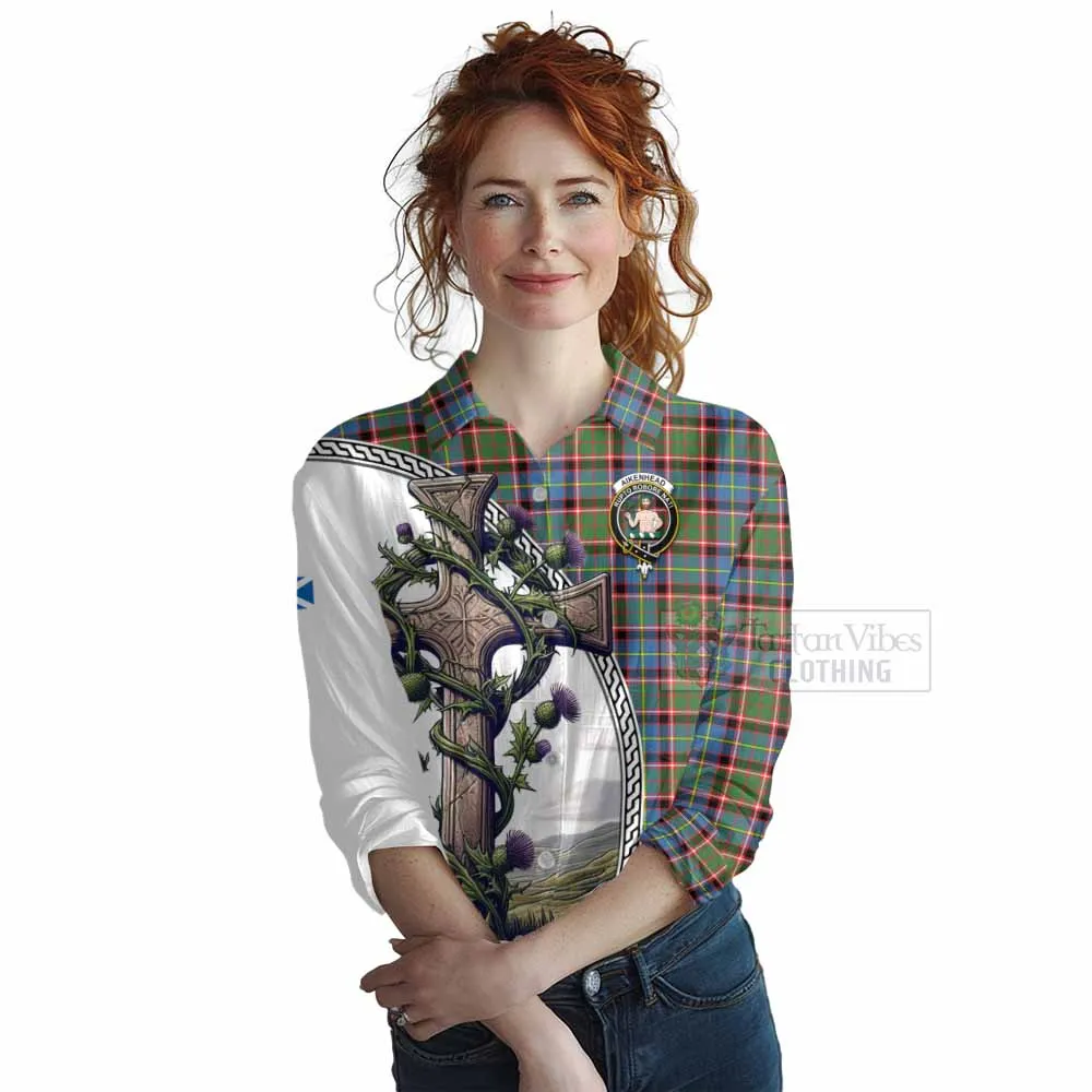 Aikenhead Tartan Women's Casual Shirt with Family Crest and St. Andrew's Cross Accented by Thistle Vines