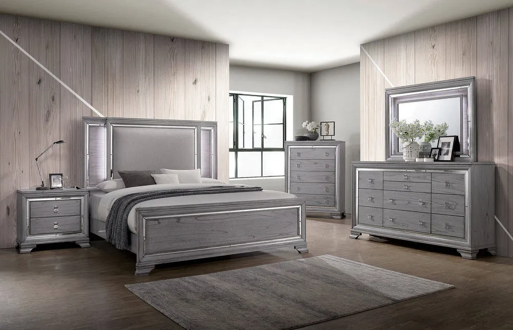 Alanis Gray Wood Queen Bed w/Fabric Headboard