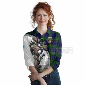 Bannatyne Tartan Women's Casual Shirt with Family Crest and St. Andrew's Cross Accented by Thistle Vines