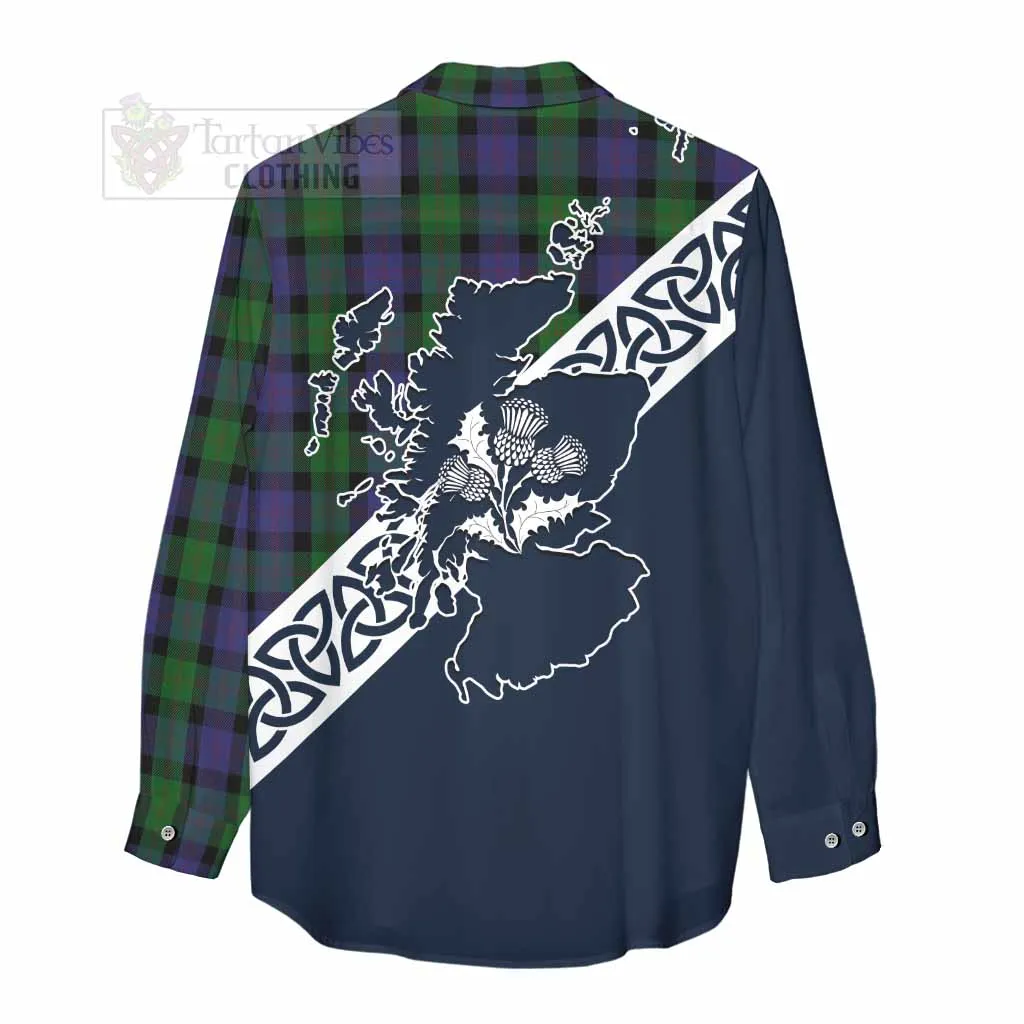 Blair Tartan Women's Casual Shirt Featuring Thistle and Scotland Map