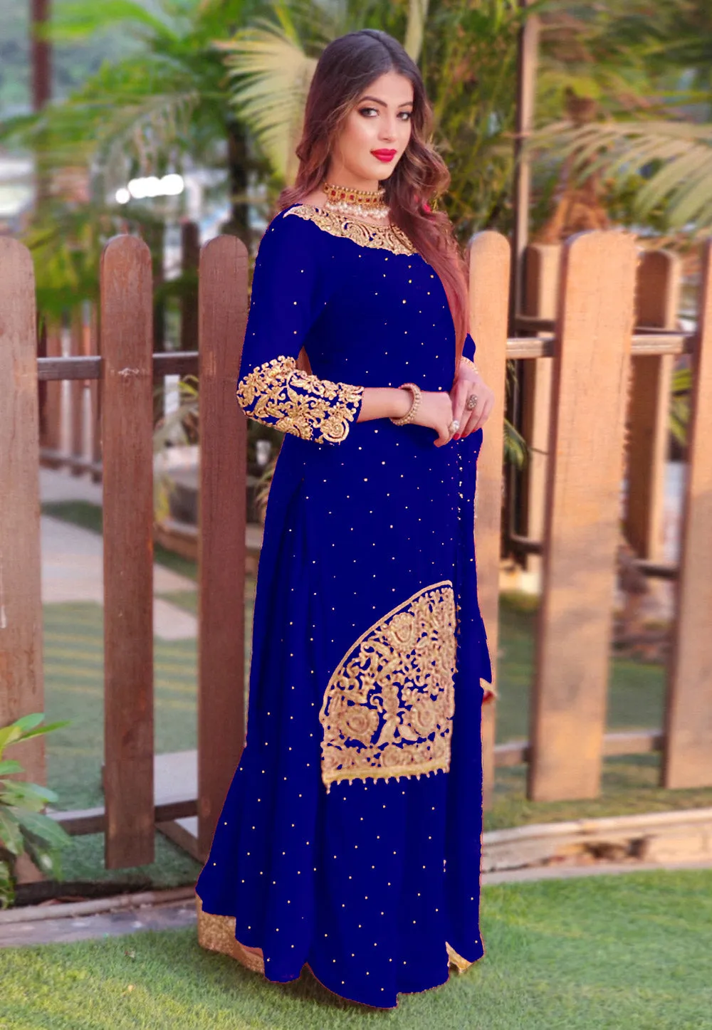 Blue Golden Embroidered Sharara Suit