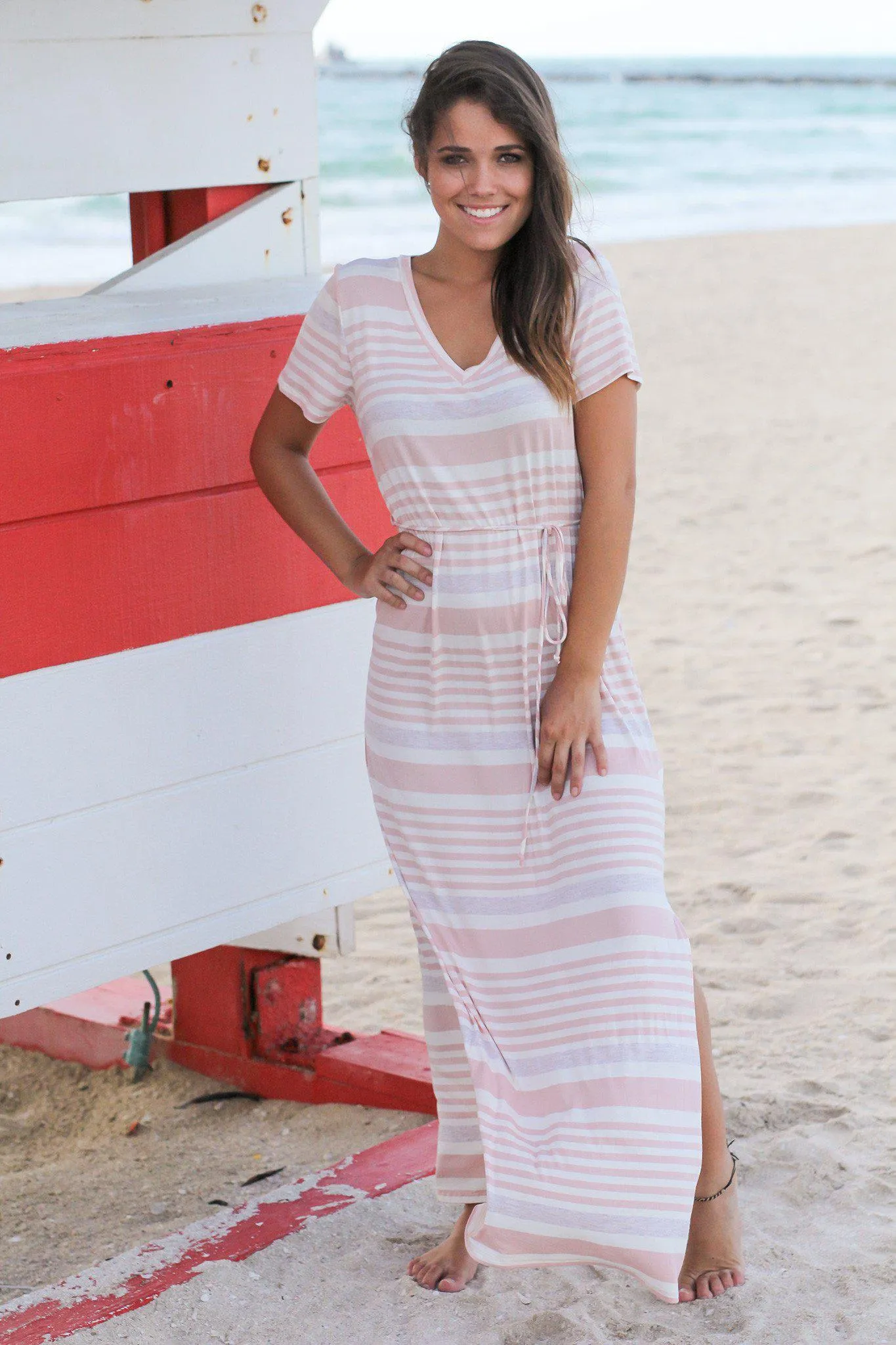 Blush Striped Maxi Dress with Slit