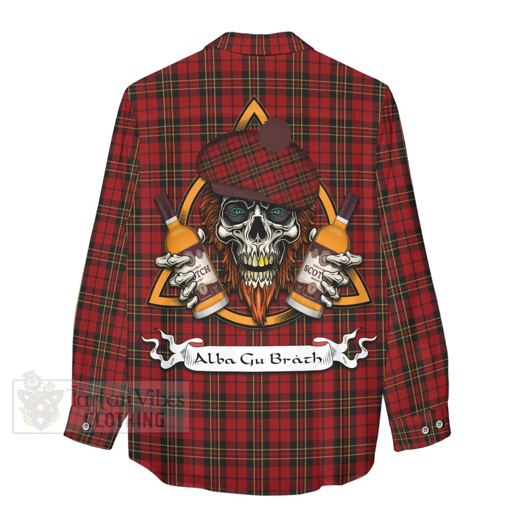 Brodie Tartan Women's Casual Shirt with Family Crest and Bearded Skull Holding Bottles of Whiskey