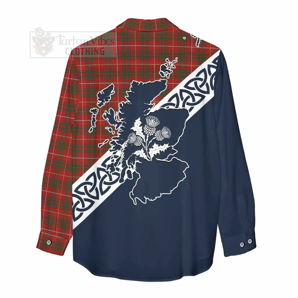 Bruce Tartan Women's Casual Shirt Featuring Thistle and Scotland Map