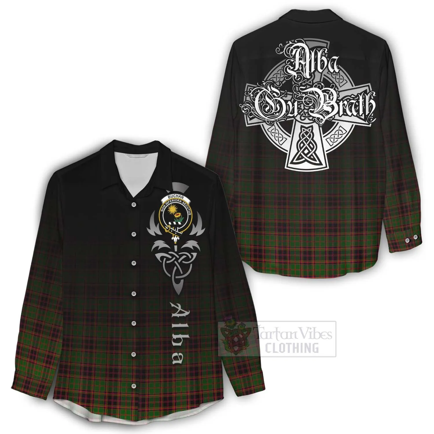 Buchan Tartan Women's Casual Shirt Featuring Alba Gu Brath Family Crest Celtic Inspired