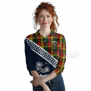 Buchanan Tartan Women's Casual Shirt Featuring Thistle and Scotland Map