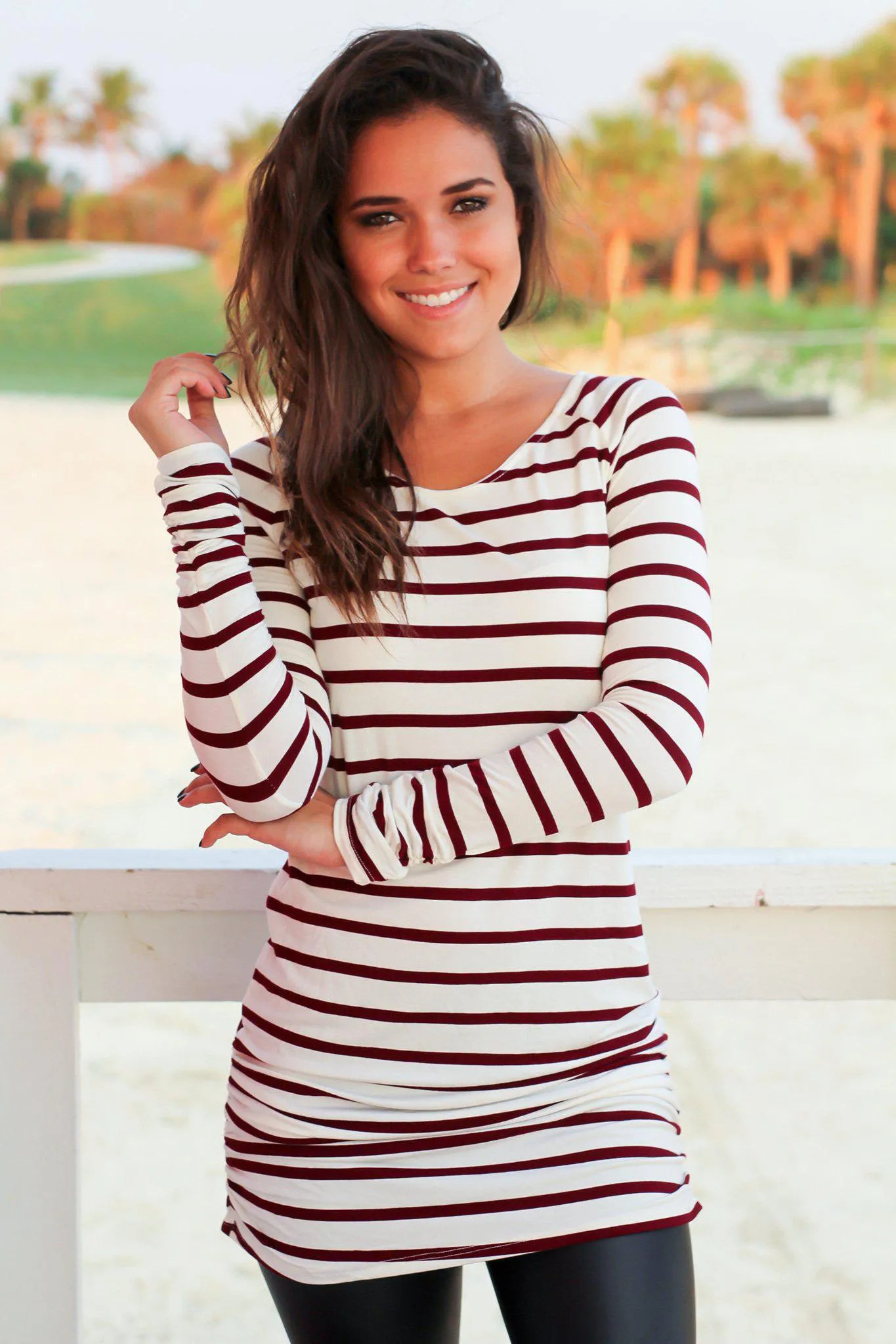 Burgundy and White Striped Ruched Tunic