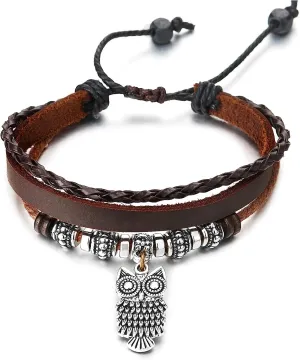 COOLSTEELANDBEYOND Brown Leather Multi-Strand Bracelet, Owl and Beads Charms, Braided Cotton Strap, for Mens Womens