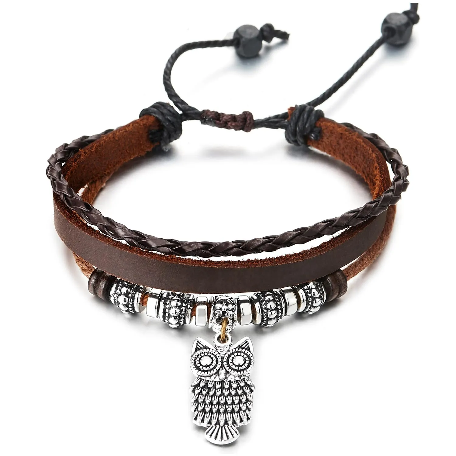 COOLSTEELANDBEYOND Brown Leather Multi-Strand Bracelet, Owl and Beads Charms, Braided Cotton Strap, for Mens Womens