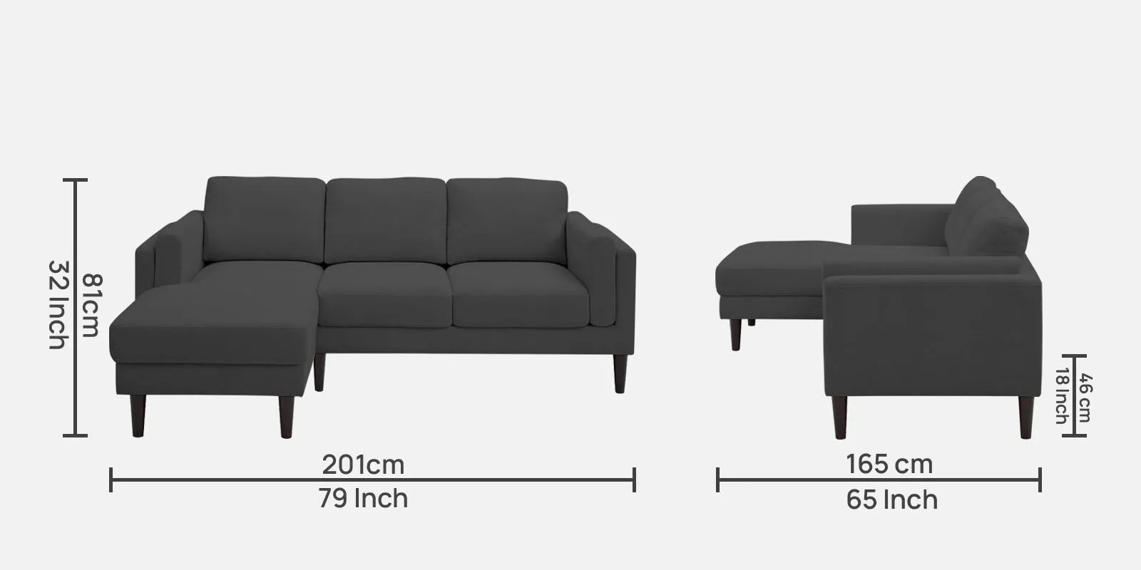 Creata Fabric RHS Sectional Sofa (2 Lounger) Charcoal Grey Colour by Febonic