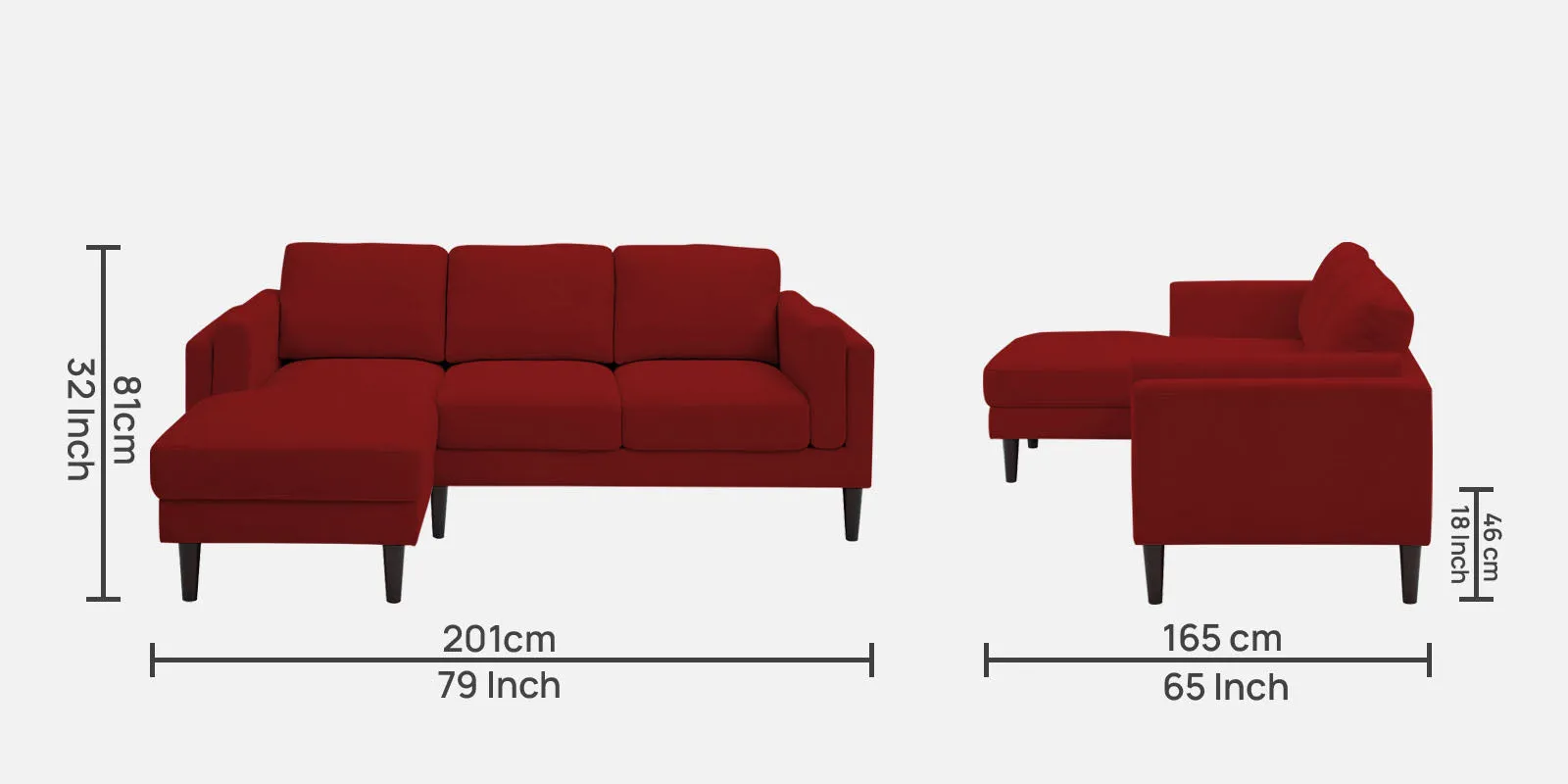 Creata Fabric RHS Sectional Sofa (2 Lounger) in Blood Maroon Colour by Febonic