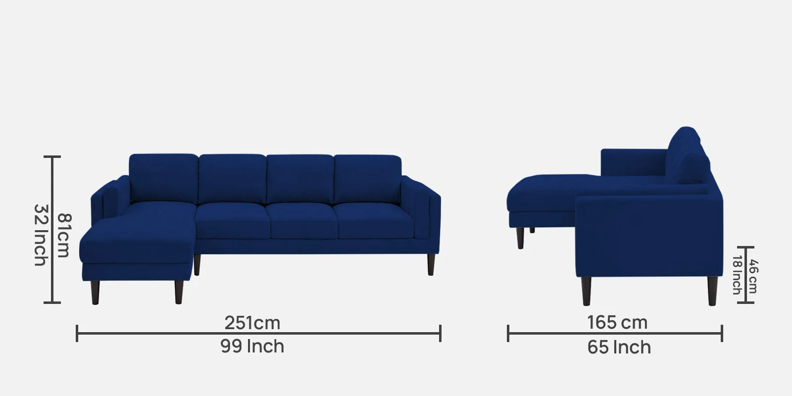 Creata Fabric RHS Sectional Sofa (3 Lounger) in Royal Blue Colour by Febonic