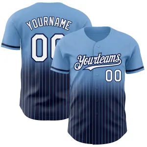 Custom Light Blue Pinstripe White-Navy Authentic Fade Fashion Baseball Jersey