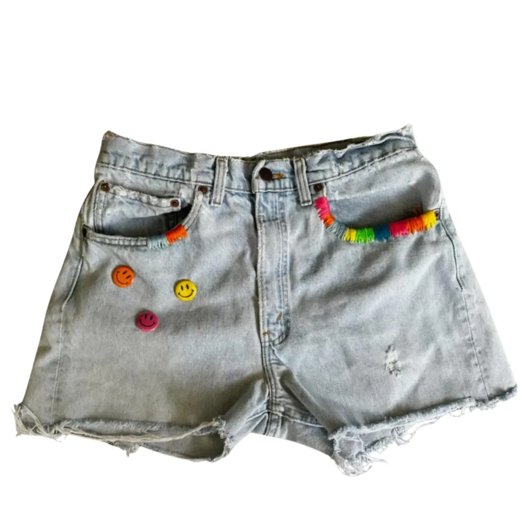 Denim Hand Embroidered Smiley Shorts - Levi’s 501