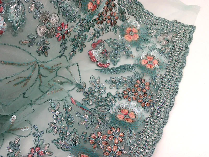 Elegant Mint Green Floral Embroidered Sequins Saree Standard Size