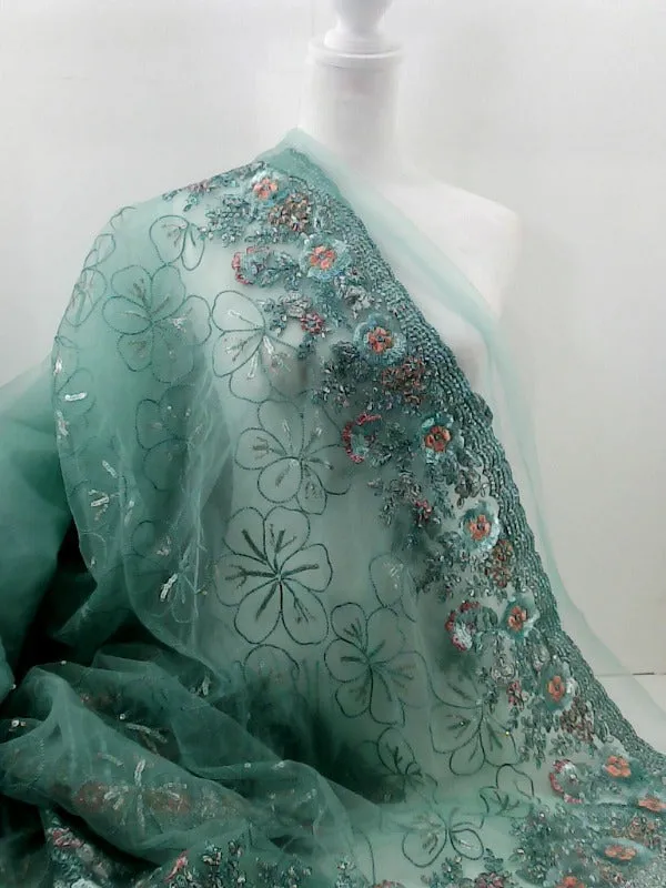 Elegant Mint Green Floral Embroidered Sequins Saree Standard Size