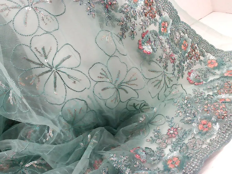 Elegant Mint Green Floral Embroidered Sequins Saree Standard Size