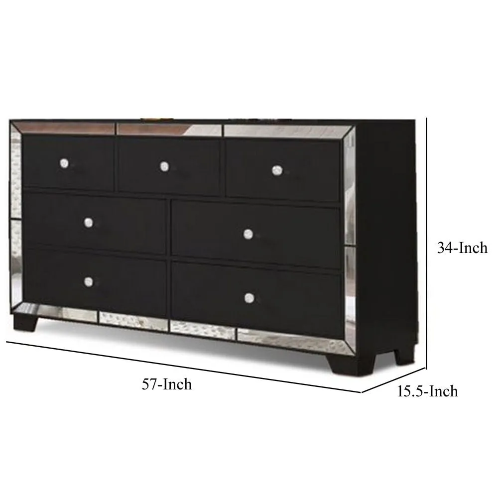 Eli 57 Inch Deluxe 7 Drawer Dresser, Mirrored Trim, Wood Frame, Black By Casagear Home