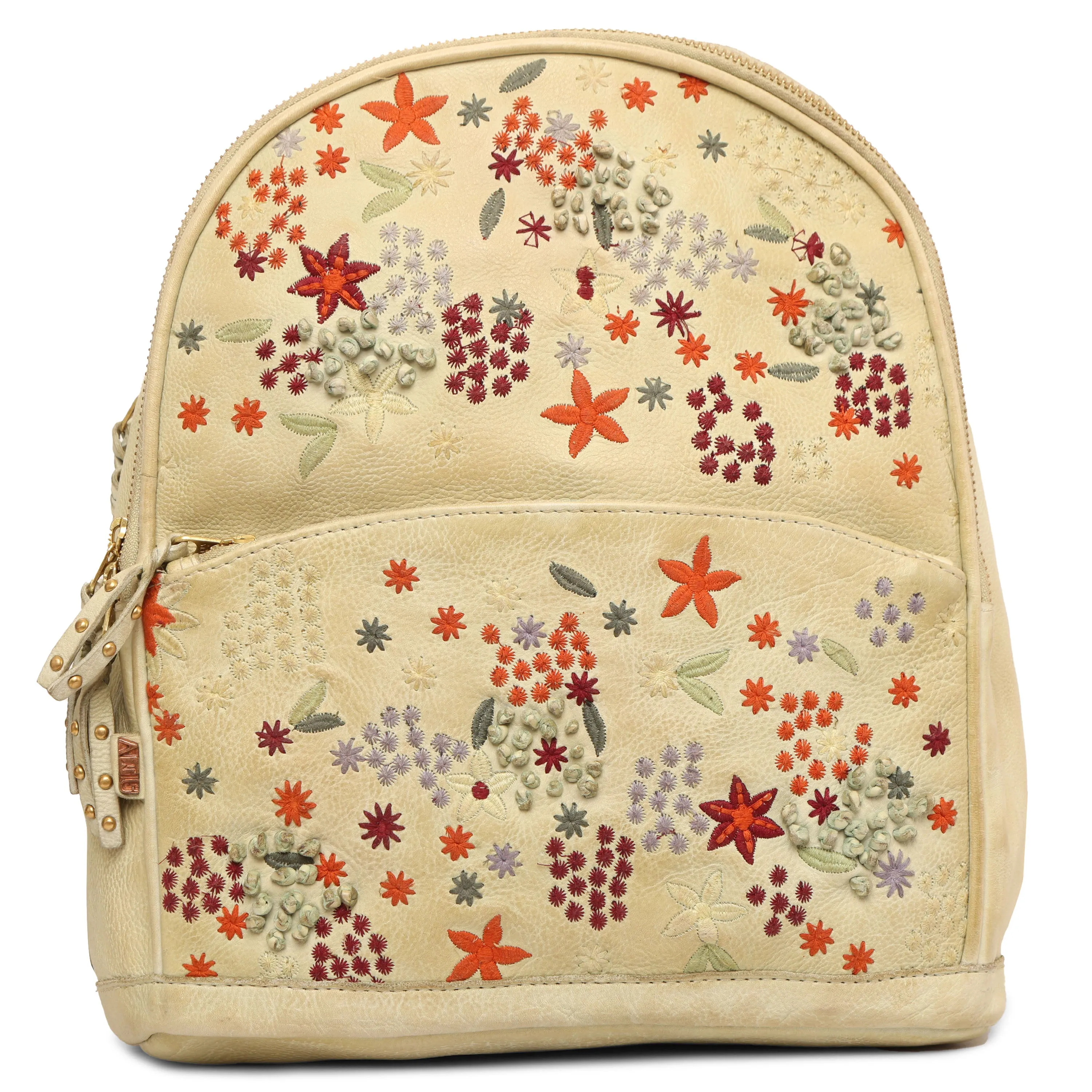 Floral Bliss: L. Green Leather Backpack bag with Colorful Flower Embroidery