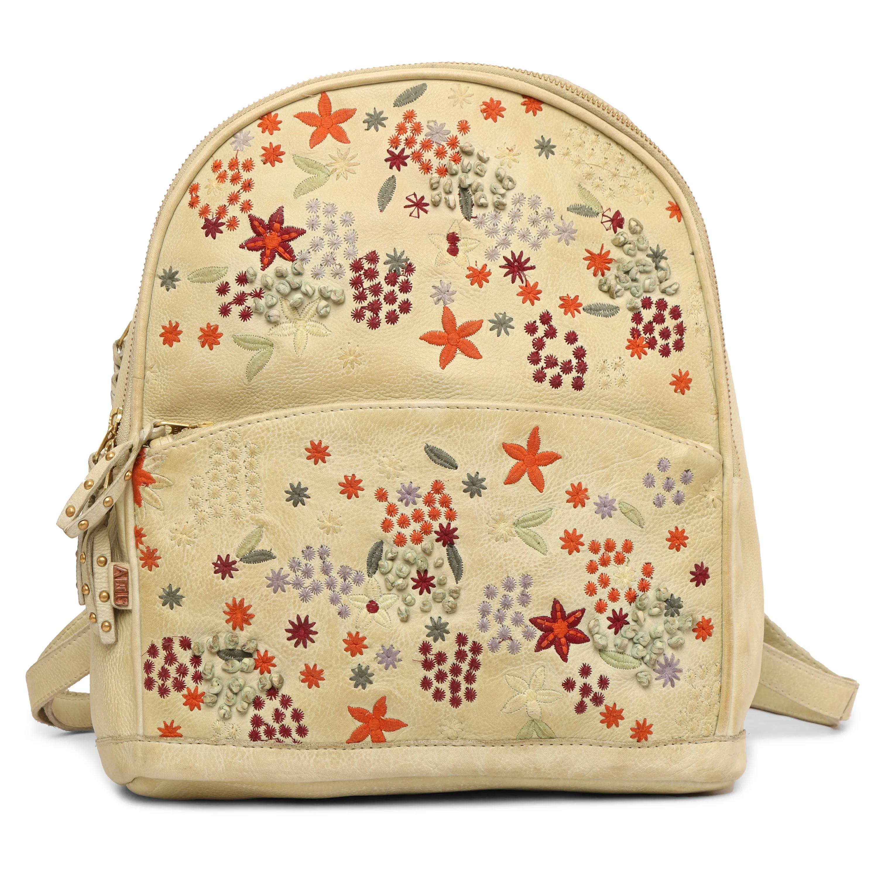 Floral Bliss: L. Green Leather Backpack bag with Colorful Flower Embroidery