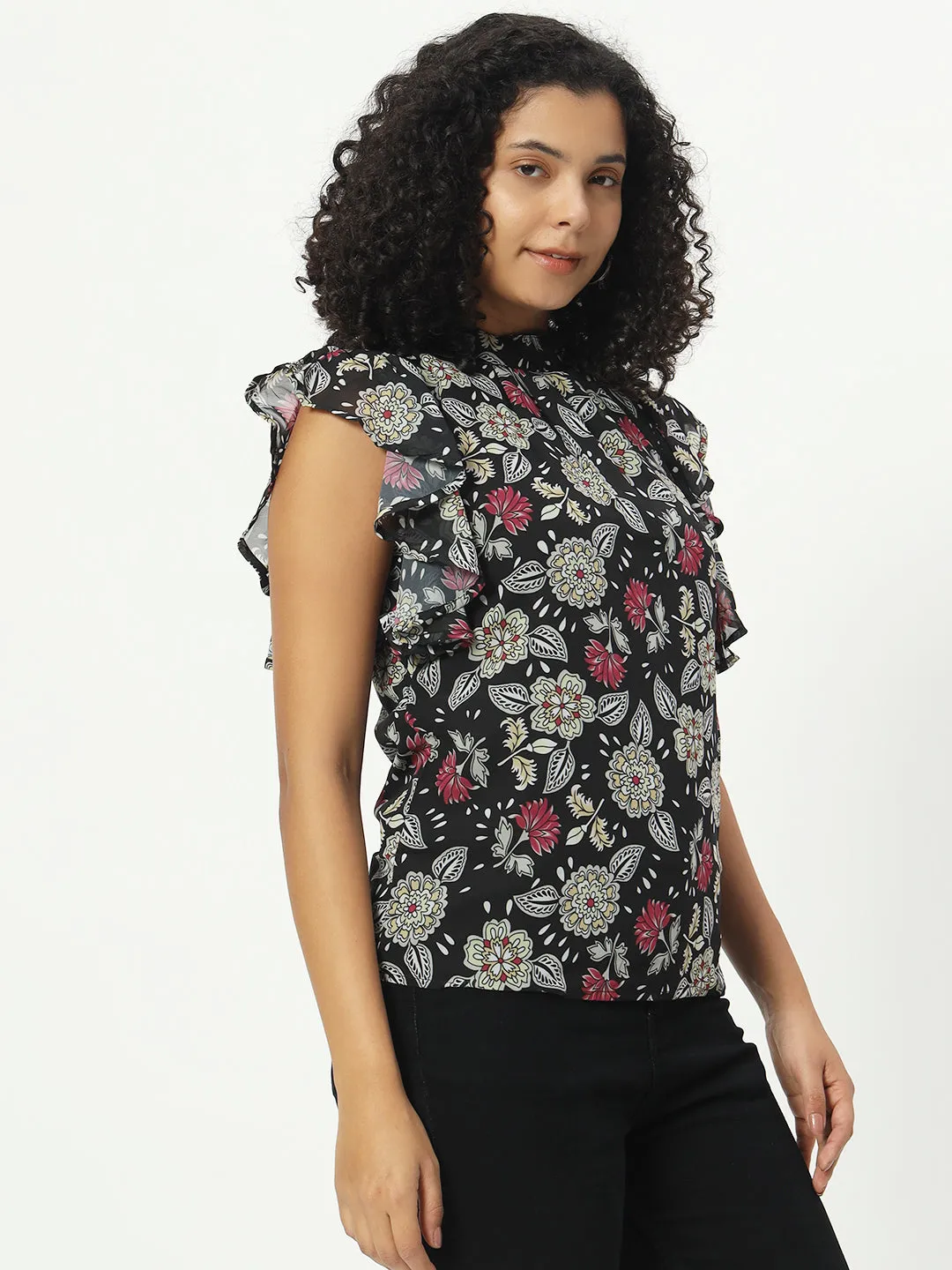 Floral Printed Mandarin Collar Flutter Sleeve Georgette Top