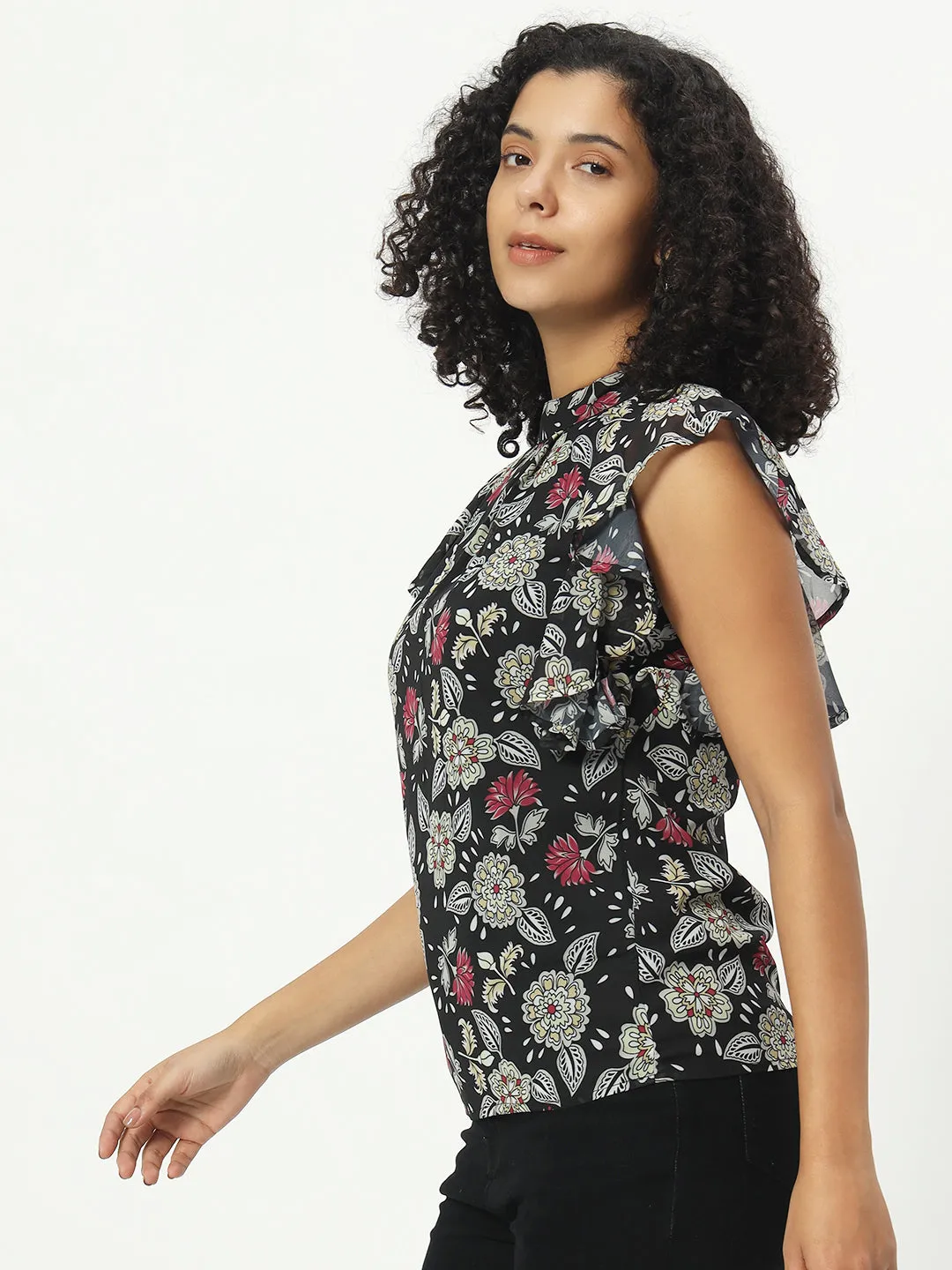 Floral Printed Mandarin Collar Flutter Sleeve Georgette Top