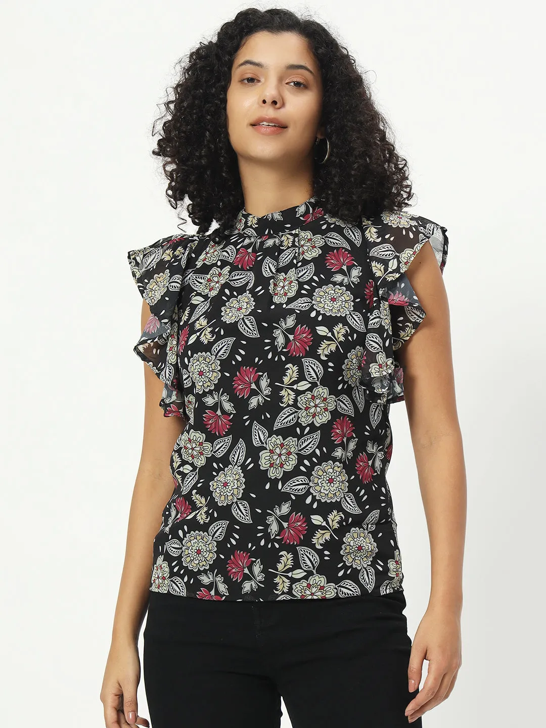 Floral Printed Mandarin Collar Flutter Sleeve Georgette Top