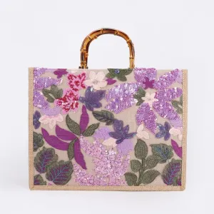 Floral Sequin Embroidery Beach Straw Bag in Lilac/Pink