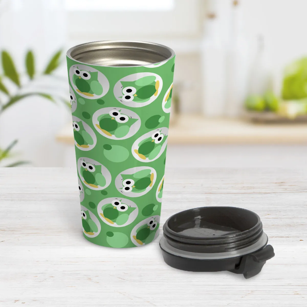 Funny Cute Green Owl Pattern Travel Mug