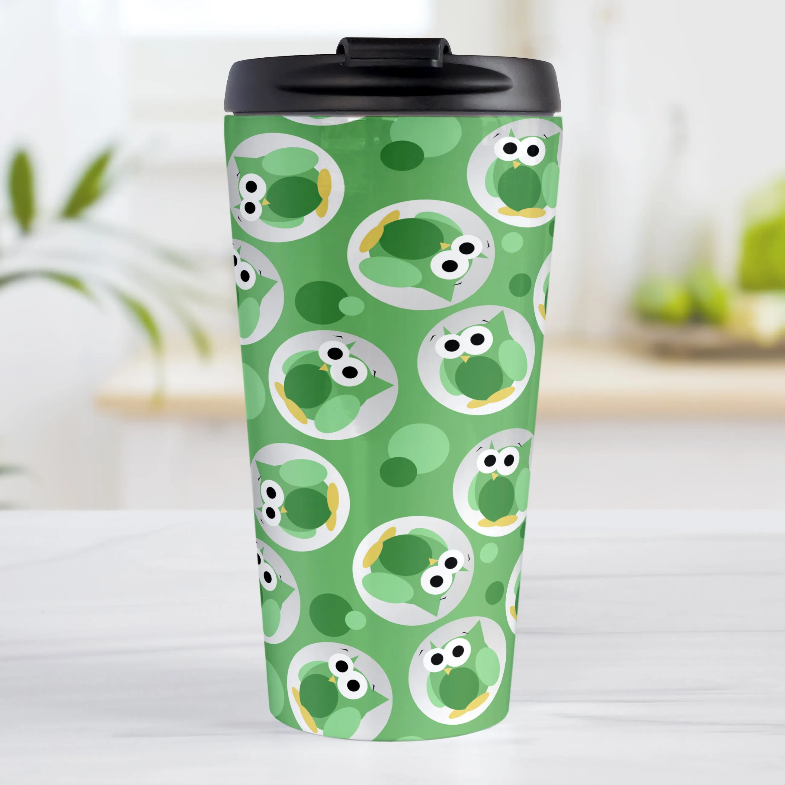 Funny Cute Green Owl Pattern Travel Mug