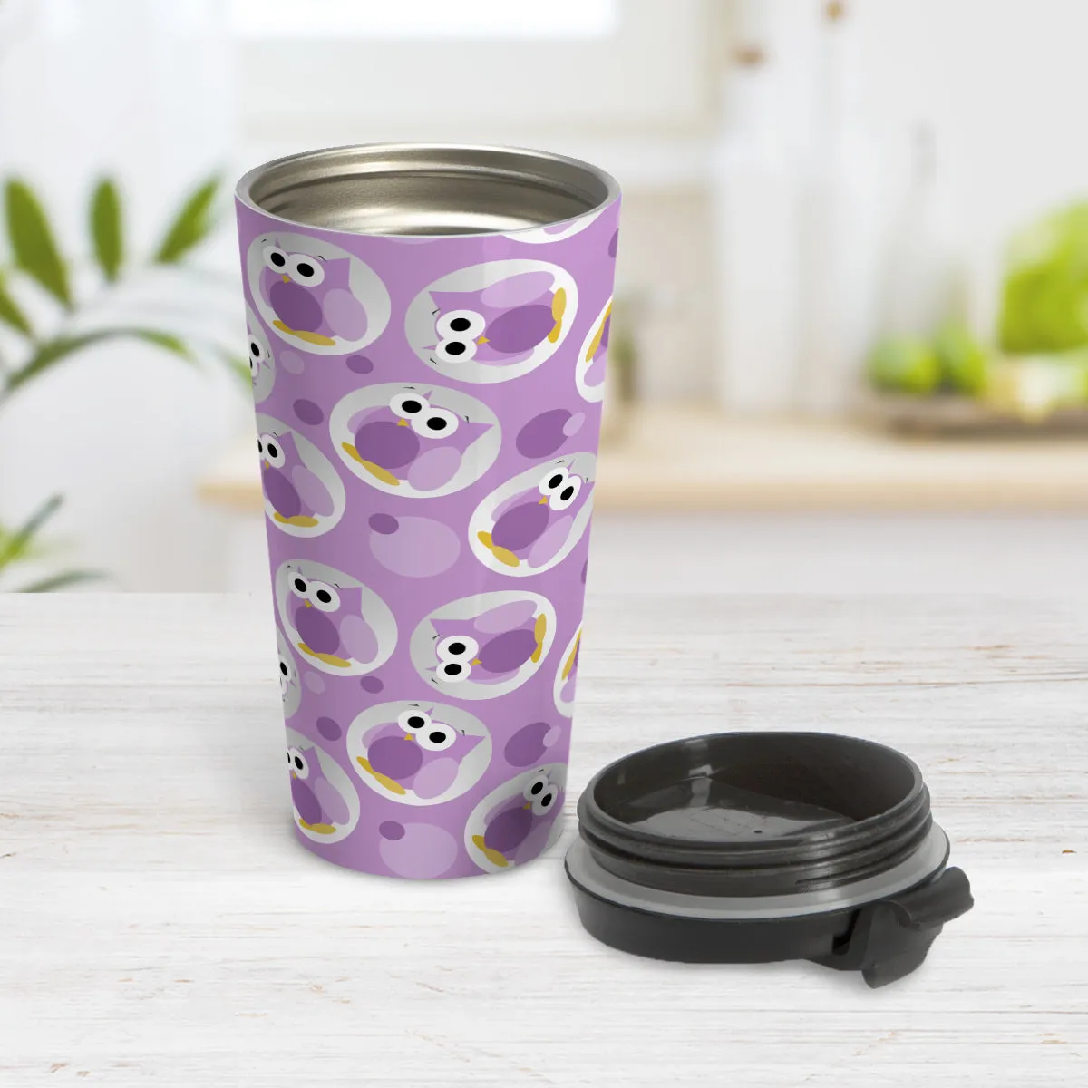 Funny Cute Purple Owl Pattern Travel Mug