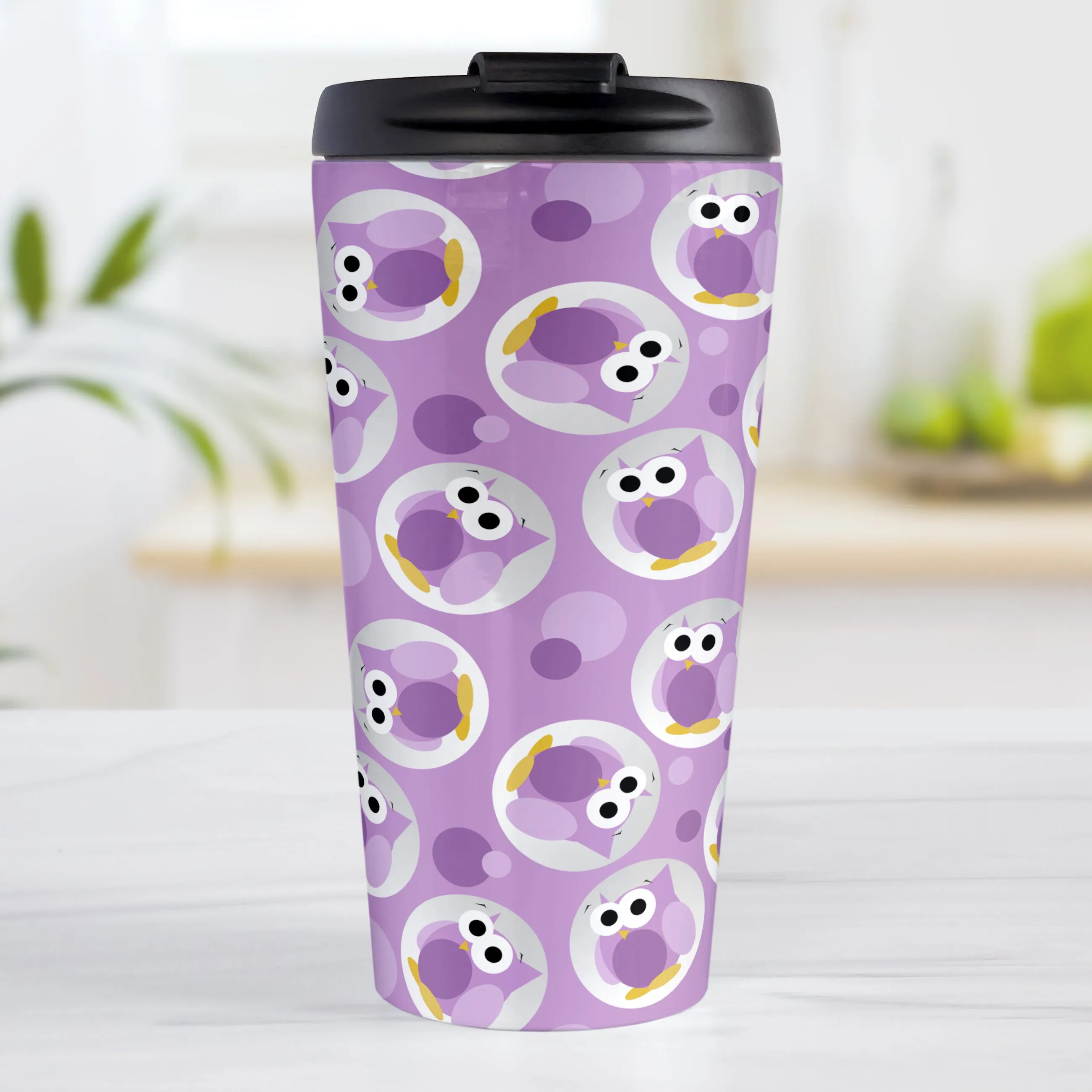 Funny Cute Purple Owl Pattern Travel Mug