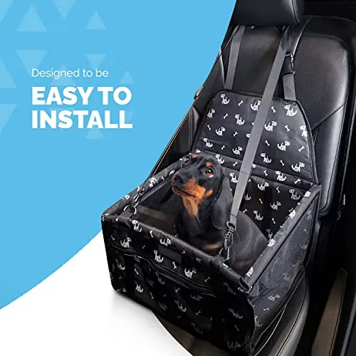 FurDreams Pet Car Seat - Dog Travel Booster Seat with Front Pocket for Cars and Vans, Portable and Foldable Carrier Basket with Adjustable Harness Strap, Reinforced Walls and Soft Waterpoof Material