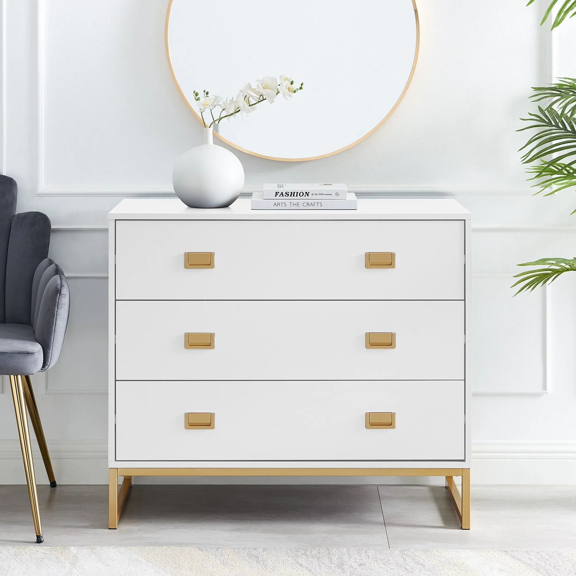 Gold Accents Tallboy Dresser, Spacious Drawers - Sarantino