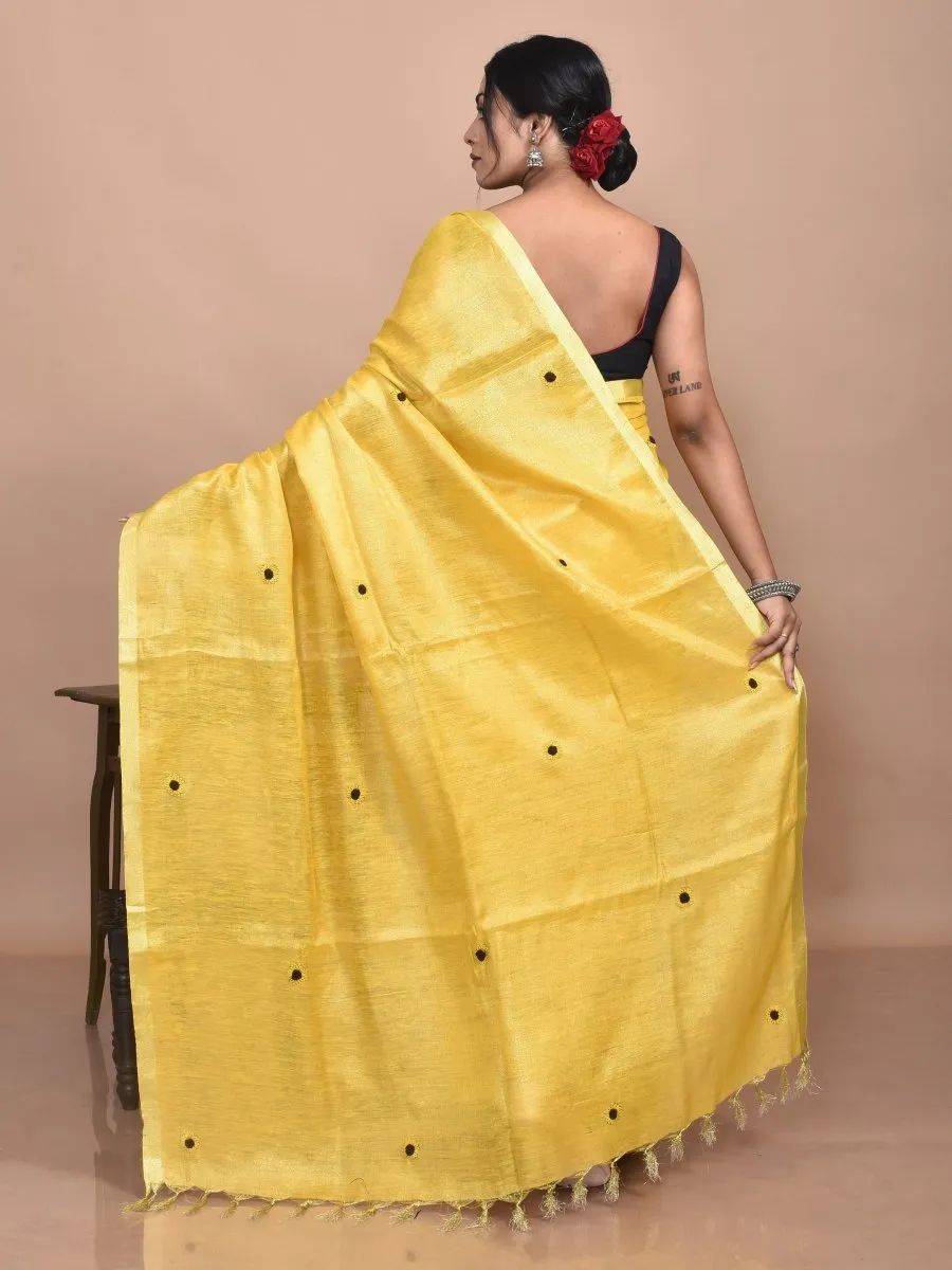 Golden Linen Saree with Sunflower Design Hand Embroidery and Golden Zari Border