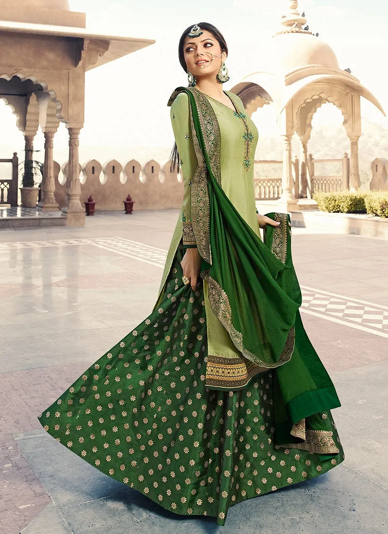 Green Dual Tone Embroidered Lehenga Kurti Set