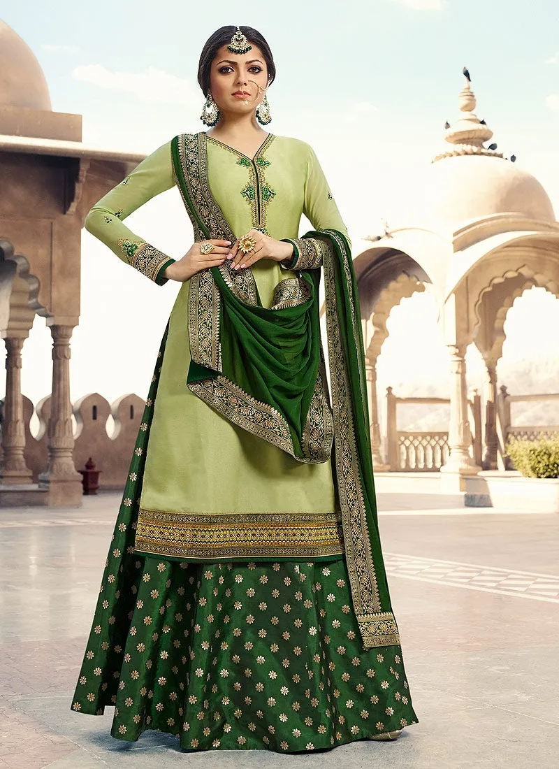 Green Dual Tone Embroidered Lehenga Kurti Set