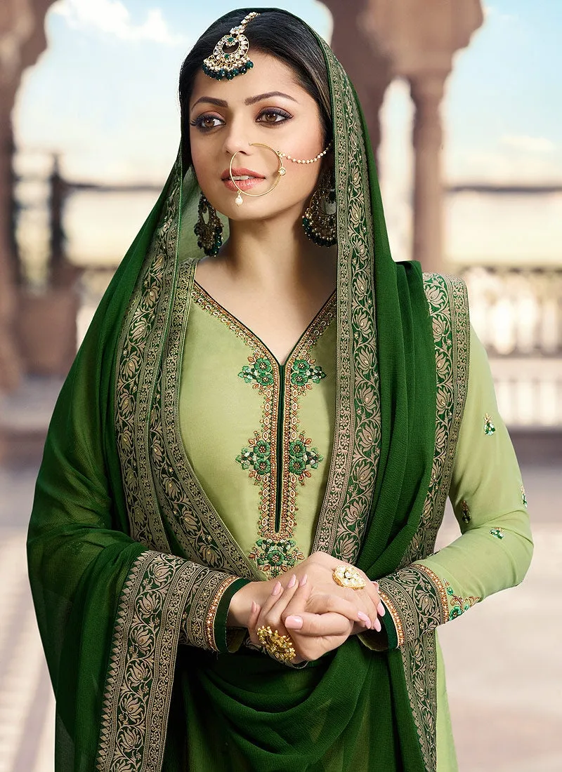 Green Dual Tone Embroidered Lehenga Kurti Set