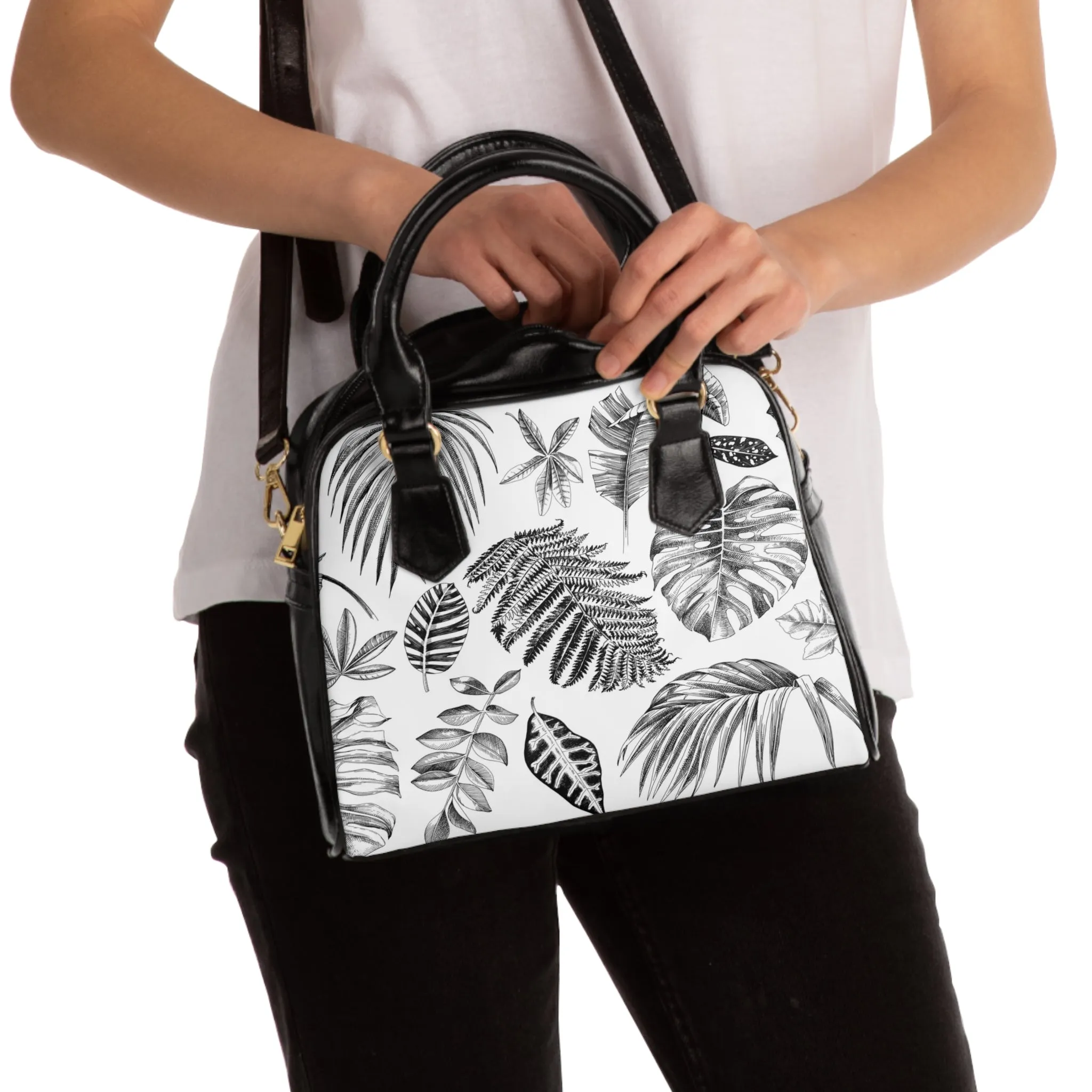 Handbag - Black and White Leaf Design