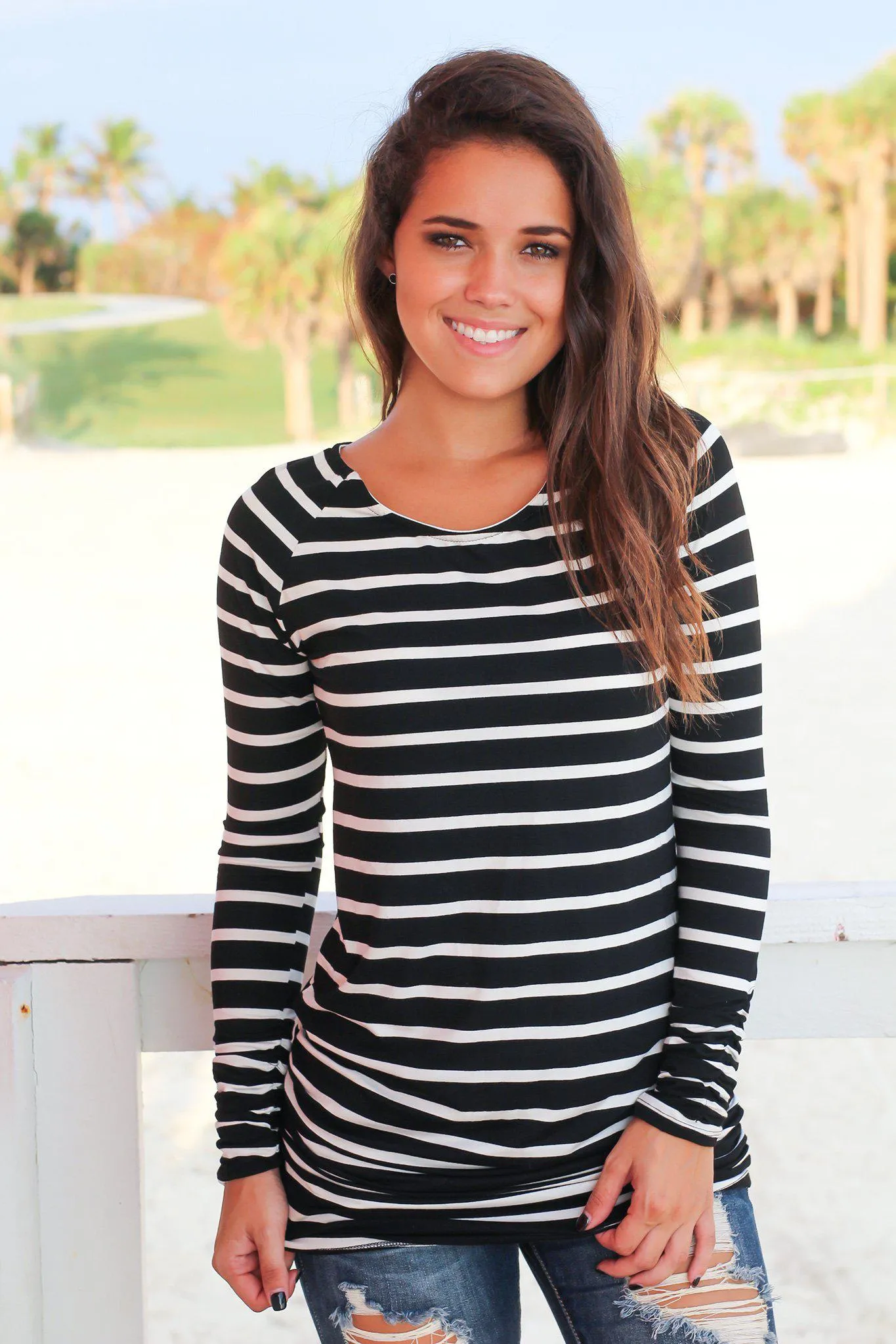 Ivory and Black Striped Ruched Tunic