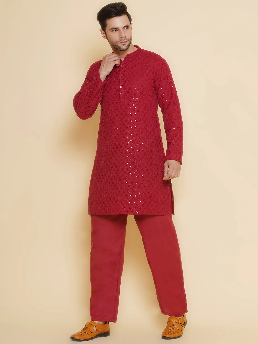 Jashvi Men Maroon Sequence Embroidery Festive Kurta Pyjamas