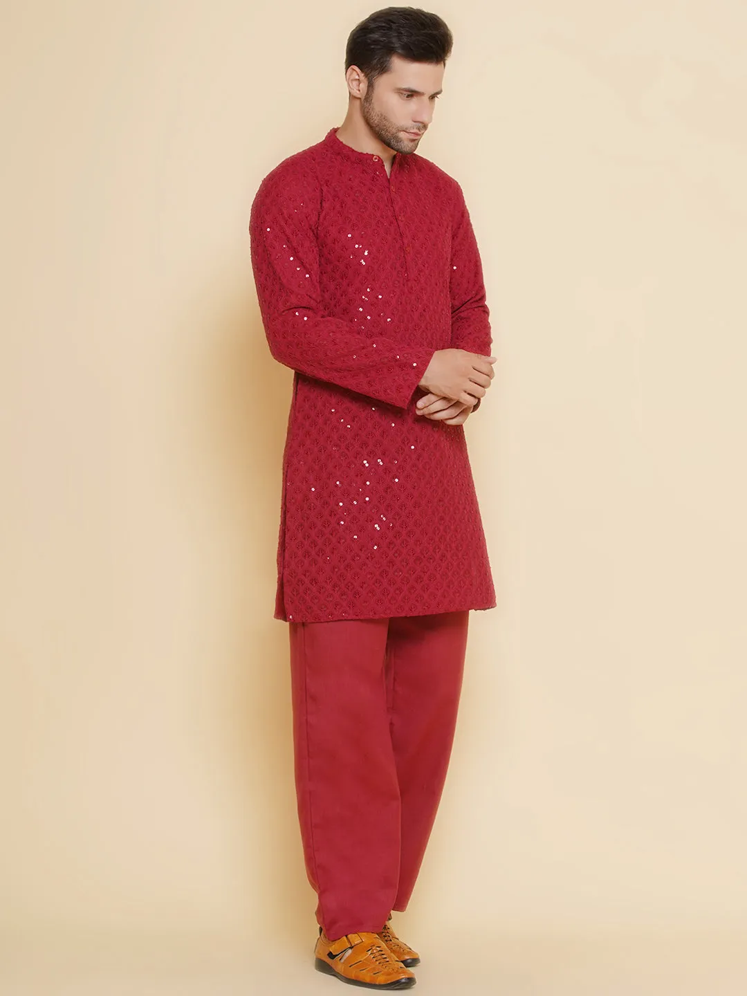 Jashvi Men Maroon Sequence Embroidery Festive Kurta Pyjamas