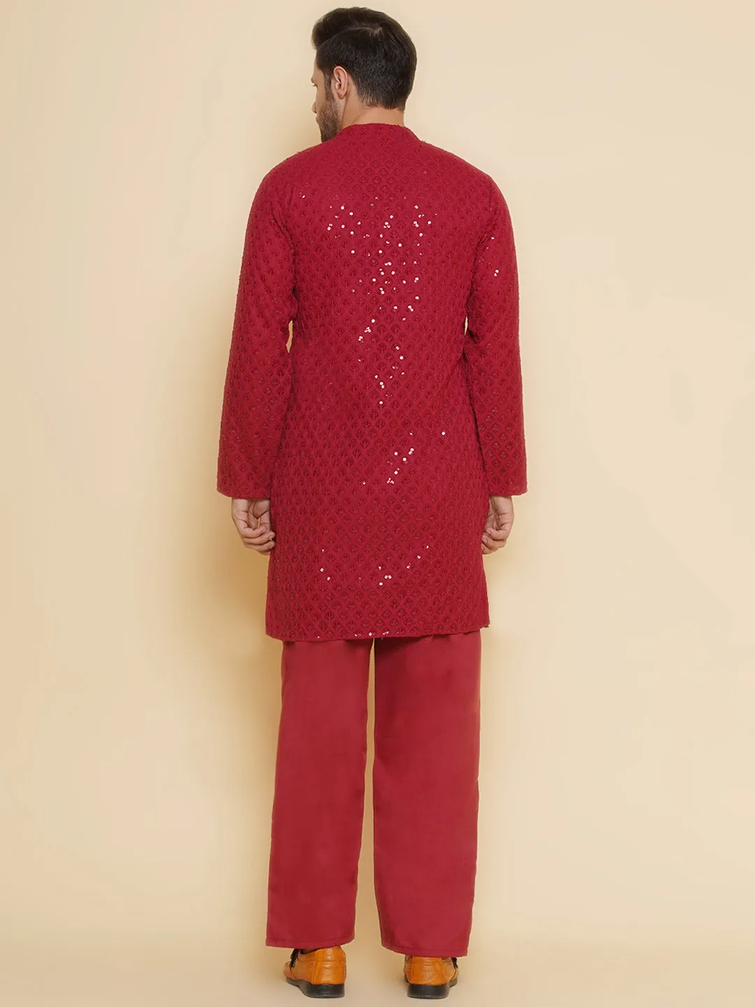 Jashvi Men Maroon Sequence Embroidery Festive Kurta Pyjamas