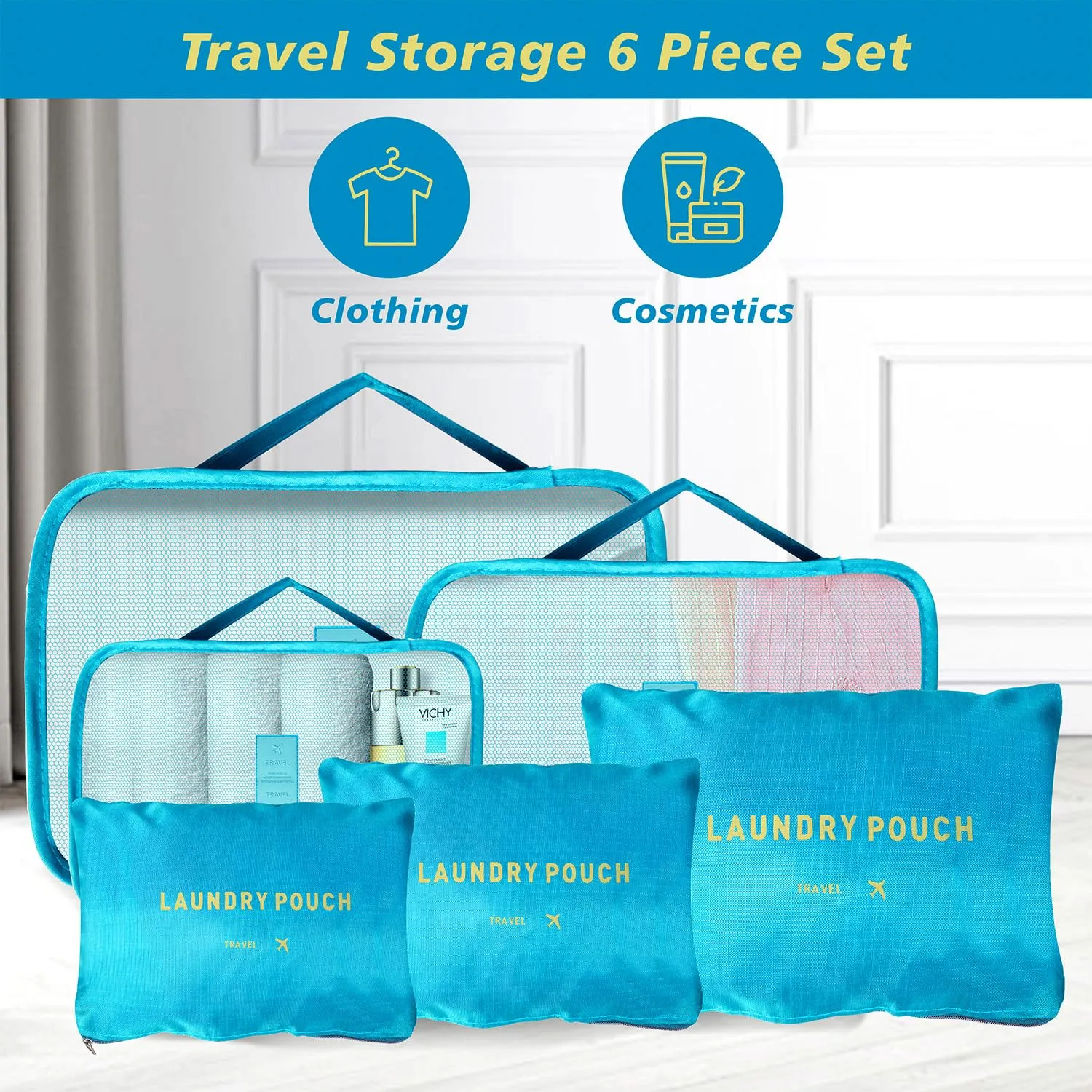 Kuber Industries 18 Pcs Travel Luggage Bag | Toiletry Bag for Jewellery-Watches-Bracelets | Multi-Purpose Storage Bag with Handle | Travel Utility Storage Pouches | LYN16-BLE | Blue| Pack of 3