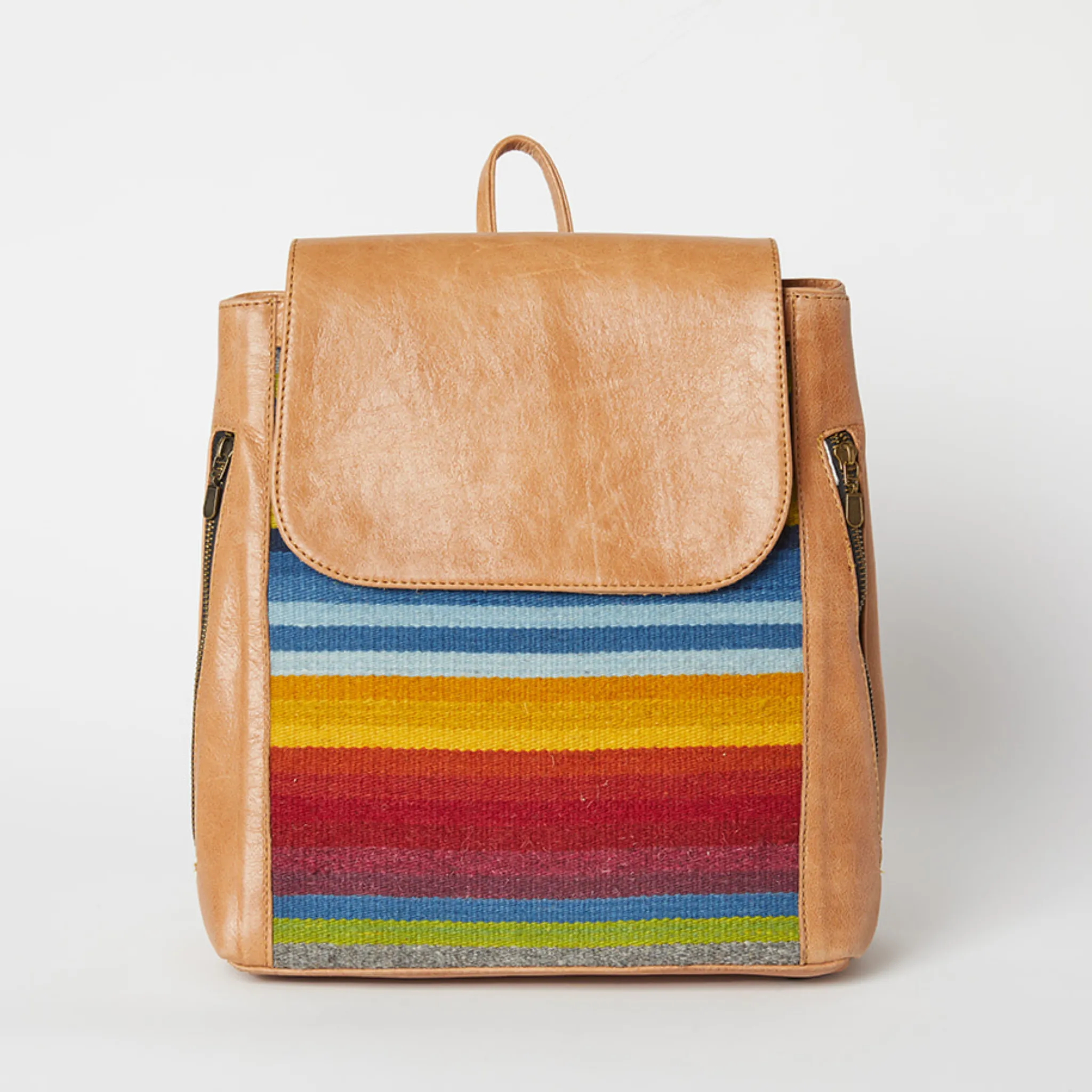 Leather Backpack from Mexico with Hand-Dyed Wool - Tan, Multi