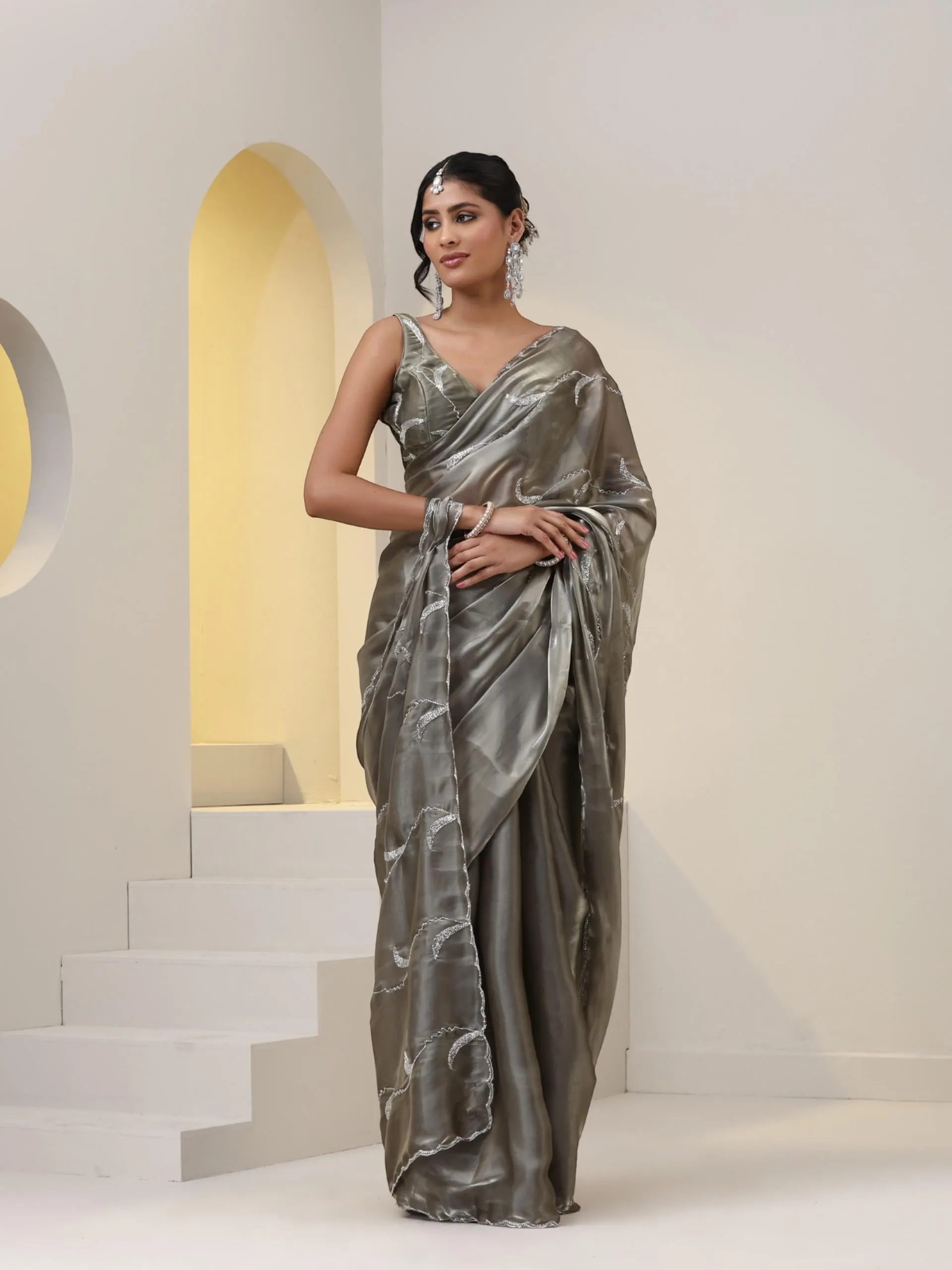 Liquid Gold Organza Saree with Hand Cut Dana Embroidery with Embroidered Blouse Fabric