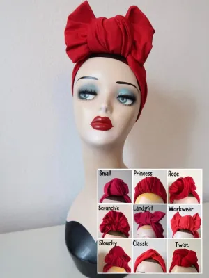 Made To Order: RED KNOT CHOICE 1940s Pre-tied Stretchy Red Turban